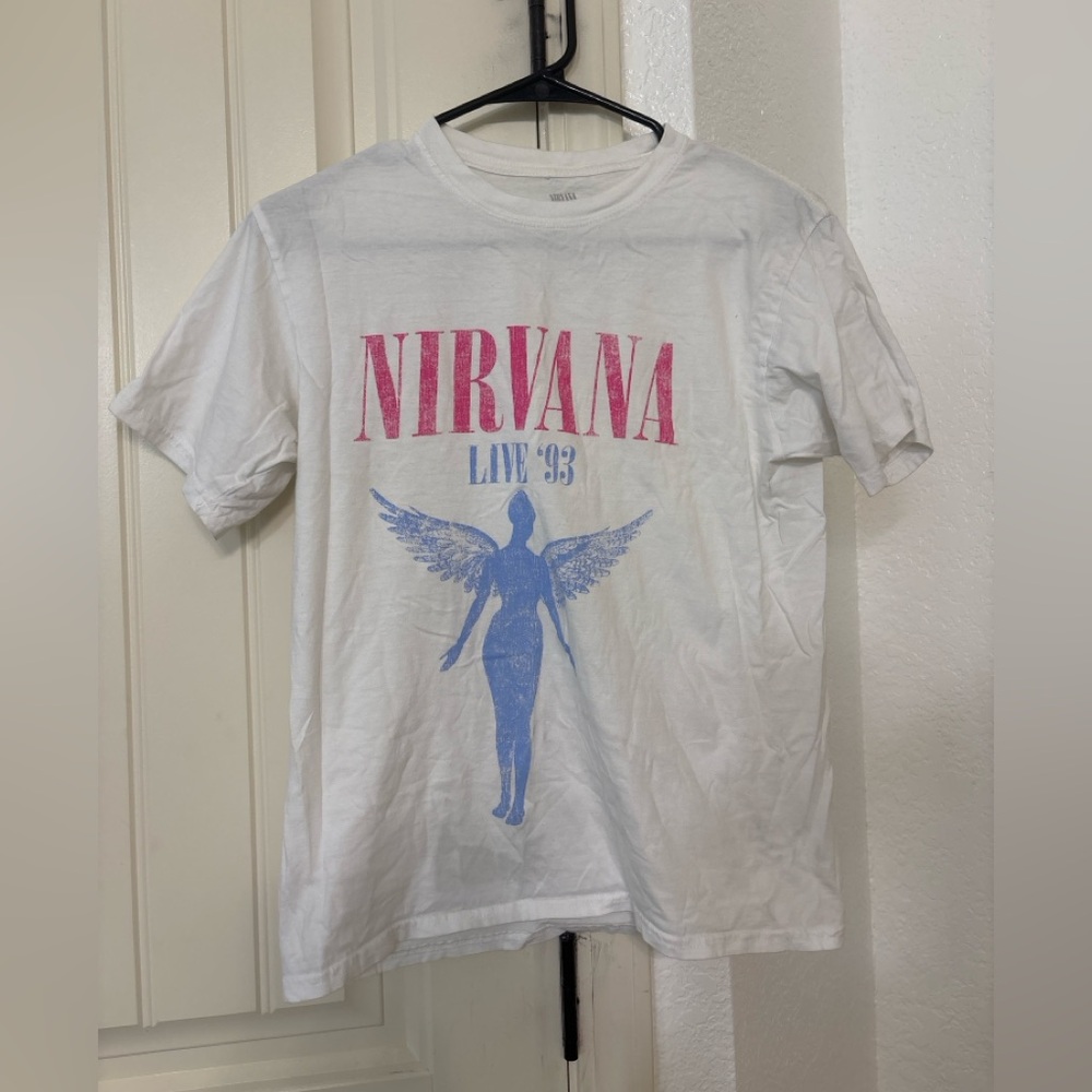 Nirvana Graphic Band Tee Women’s Small White Live 93 Angel Shirt Grunge Rock